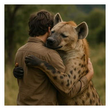 photorealistic hyena hugging a person in a natural setting, no cyberpunk elements sticker