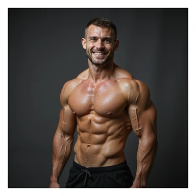 realistic 4K photo of a crossfit male athlete with athletic and proportionate physique, glowing skin, visible muscles, natural lighting, gym background, smiling sticker