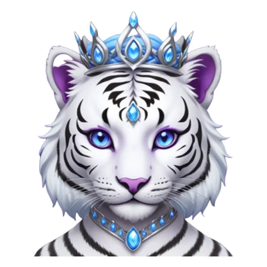 ESO Female white/black tiger khajiit leader of the umbral rose, glowing blue eyes, glowing blue 'third eye' gem; beautiful desined purple gemmed silver tiara sticker