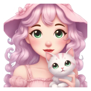 Gorgeous pastel anime style lady with blushing face and holding a kitten cottagecore fairycore pastelcore colorful pearly romantic simplistic aesthetic trending style sticker
