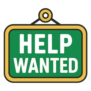 Make the font more professional and less cartoon for a 'help wanted' sign. Keep the color scheme green, white, and gold. Use a modern style with rounded corners and simple design, with no background. sticker