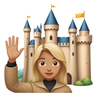 person waving in front of a castle sticker