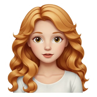 white adult woman with strawberry blonde super long wavy hair, white top, blushed cheeks sticker