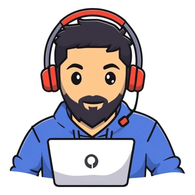 laughing man with black hair, brown eyes, black beard wearing gaming headset sticker