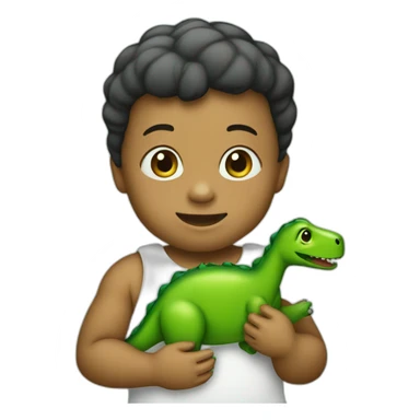A baby holding a green dinosaur toy sticker