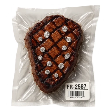 grilled steak with scattered diamonds, glossy, vacuum-sealed style sticker