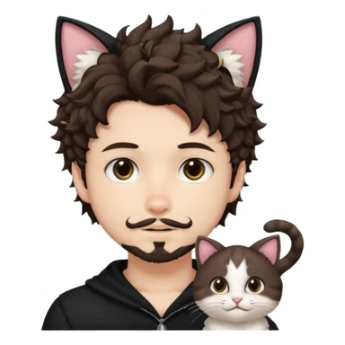 white boy with cat tail with goatee hair and cat ears with dark brown hair and anime features woth curly hair  sticker