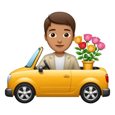 Man driving a car, holding flowers sticker