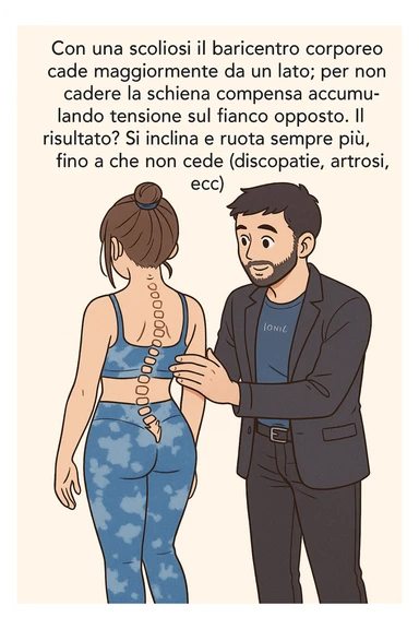fai questa immagine in versione manga/webtoon a colori con stile di disegno carino e moderno, il manga mostra la donna di spalle, mentre l'uomo le tocca la spina dorsale per spiegarle come funziona la scoliosi:
Con una scoliosi il baricentro corporeo cade maggiormente da un lato; per non cadere la schiena compensa accumulando tensione sul fianco opposto.
Il risultato? Si inclina e ruota sempre più, fino a che non cede (discopatie, artrosi, ecc) sticker