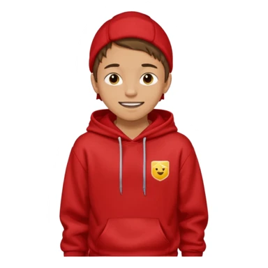 make me an emoji of an americain 15 yearold boy in a red hoodie that says "south" on it and give him with tan skin with his hands in his pockets with the sleevs pulled up grining with a jaw line sticker
