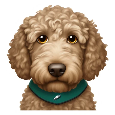 Light brown with little dark brown Labradoodle  wearing a Philadelphia Eagles jersey sticker