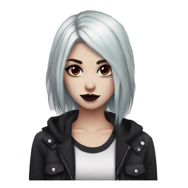 Pale girl with black eyeshadow and burgundy hair with an emo haircut that’s long and layered holding a black cat sticker