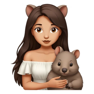Beautiful woman in 1950’s woman fashion look, off-shoulder white dress, long dark brown hair, wombat sticker