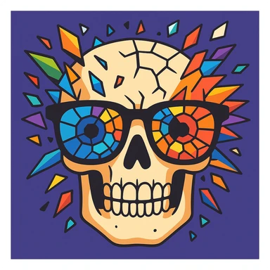 Enhance the skull with shattered mosaic sunglasses, making the head explosion more detailed and vivid in a cartoonish style with vibrant toon aesthetics. sticker