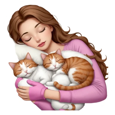 girl with long wavy brown hair, brown eyes, long lashes makeup, sexy pink lips, light to medium complexion,  sleeping on a cozy pillow, with 6 cats: 1 brown and white tabby cat, 1 ginger and white, 2 grey and white, 1 grey with white mittens and small white patch on chest and 1 calico, sleeping sticker