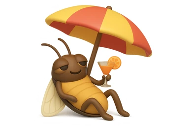 EMOJI STILE IPHONE 3D DI UNA CICALA CHE STA RILASSATA SEDUTA SOTTO L'OMBRELLONE IN SPIAGGIA CON UN COCKTAIL IN MANO sticker