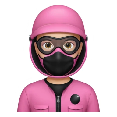 guard from Squid Game Round 6 wearing pink jumpsuit and black mask with white circle, apple emoji style sticker