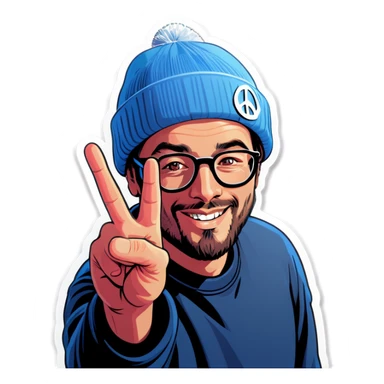 Man with glasses and beanie making peace sign sticker