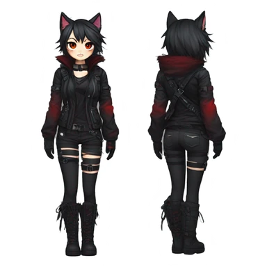 Gorgeous gothic dark techwear anime style anthro cat furry with blushing face aesthetic and pretty edgy black red punk messy ponytail hair with collar and harness trending style sticker