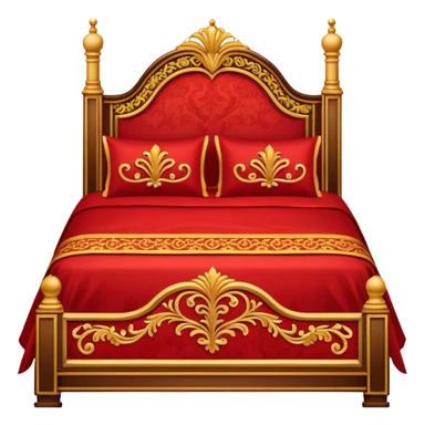 bed with red and gold sheets, wooden sticker