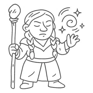 female dwarf sorcerer from DnD, hand drawn outline icon style, staff and spell effects sticker