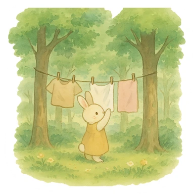 bunny hanging laundry between trees, calming domestic forest feel, soft pastel colors sticker