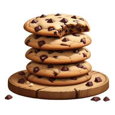Cinematic crunchy chocolate chip cookies, freshly baked, golden-brown with gooey melted chocolate chunks, stacked on a rustic wooden plate, soft warm lighting, cozy and delicious. sticker