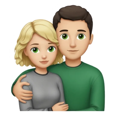 couple hugging.  girl is blonde with wavy hair. man is tall with dark hair in a crew cut. both have green eyes. both are white people. sticker