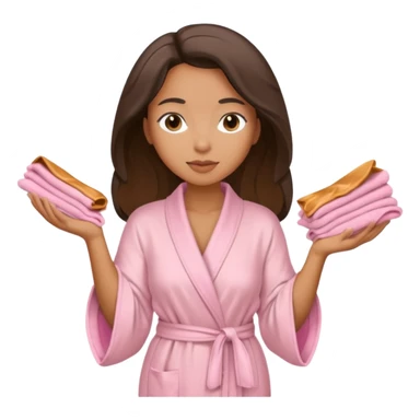 Mixed-race woman with caramel skin, wearing a beige silk robe, folding pastel pink towels sticker