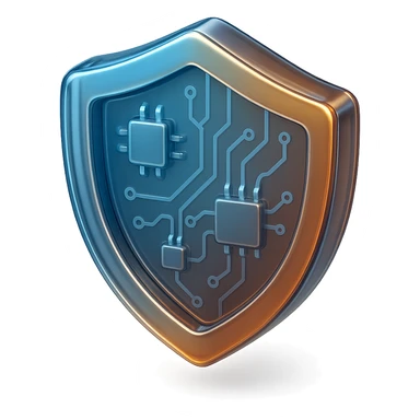 logo of a shield, 3D effect, metallic gradient, strong and secure, tech company vibe sticker