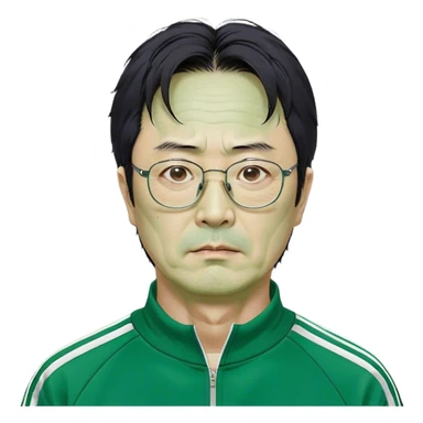 Park Ju-un is a middle-aged man, around 45 years old, green tracksuit, with tired eyes that carry the weight of a lifetime of struggles. His thin-framed glasses sit slightly crooked on his nose, one lens showing a faint crack from an earlier scuffle. His black hair, streaked with strands of gray, is unkempt and damp with sweat.

His face is gaunt, with deep wrinkles lining his forehead and around his mouth, evidence of years of stress and hardship. He wears the standard green Squid Game tracksuit (#369), but his jacket is slightly loose on his thin frame, and the collar is stained with sweat. His hands, slightly calloused from years of office work, tremble as he grips the small needle.

His posture is hunched, his movements cautious—a man who has always played life safely but now faces a game with no second chances. sticker