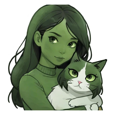 Black long hair makeup girl hug grey white cat  sticker