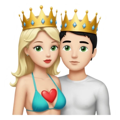Blonde Queen with crownGreen eyes in Bikini kissing Male subject without crown black hair blue eyes Background sky sticker