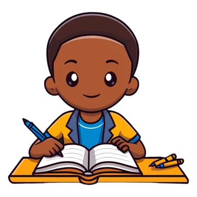 African boy student with brown skin writing with book and pen sticker