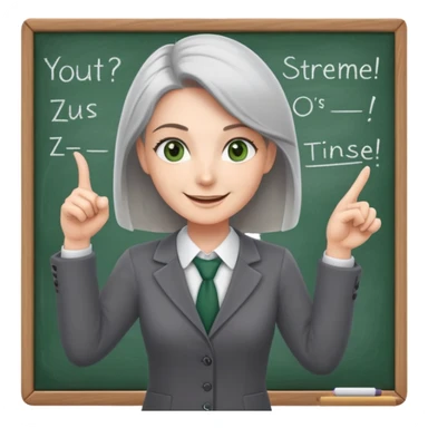 smiling English teacher with airtouch hair and grey-green eyes pointing at a chalkboard with present simple tense table sticker