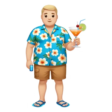 chubby guy full figure in a flowered azure havai shirt, brown shorts and flippers holding a cocktail sticker