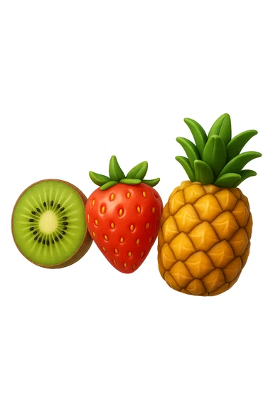 emoji stile iphone 3d di kiwi, fragole, ananas
 che fluttuano in aria, iperealistico 4k sticker