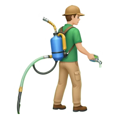 man with a emerald green shirt and tan pants on with backpack chemical sprayer on his back with the hose in his hand pointed downwards at bright green grass sticker
