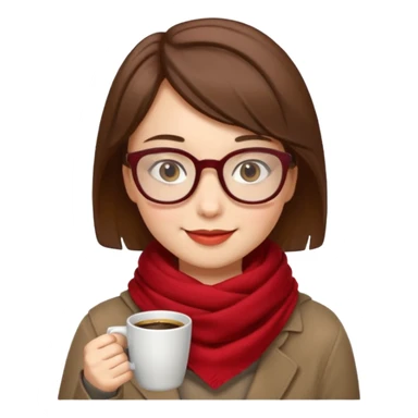 a girl with brown short hair, having red scarf, wearing glasses, drink coffee, enjoy sticker