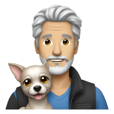 Handsome man, with blue eyes, grey hair, and grey goatee beard, holding a long haired black chihuahua sticker