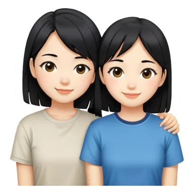 Two cute Japanese girls with straight black hair wearing modern Western clothes like t-shirts, faces pressed together cheek to cheek, smiling happily sticker