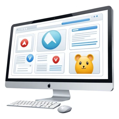 Modern icon for Web Design: computer screen with a website layout, design tools like a mouse and a stilus, web elements such as icons and wireframes. Transparent background. sticker