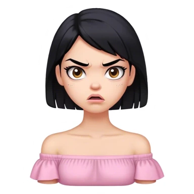 Chica de pelo negro y piel clara y linda con una camisa rosa pastel cruzada de hombros enojada sticker