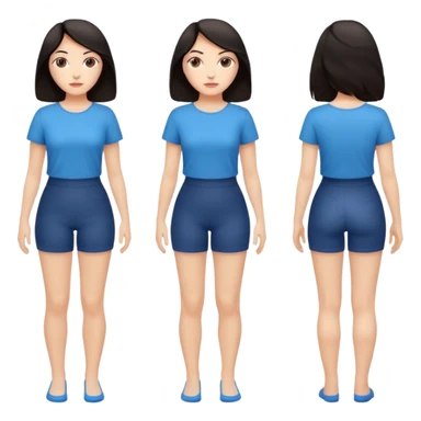 white woman dark hair full body two front views, two back views, two side views. Make it transparent background. sticker