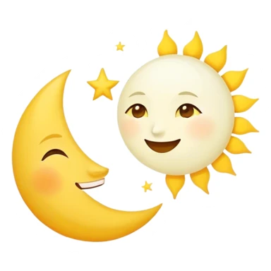 a really bright  big sun and a small moon who shines because of it. the sun is bigger and the tiny \moon bright too beside it smiling looking at each other sticker