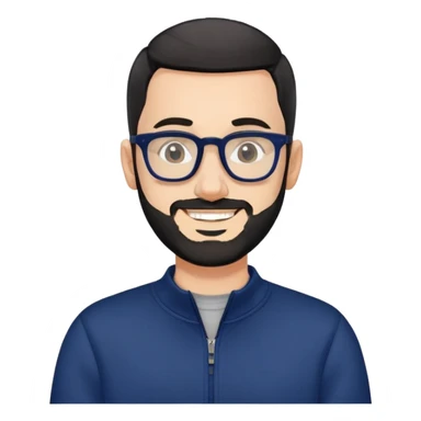 Fair-skinned man with extremely short black hair (very close buzz cut), short salt and pepper beard, large black-framed glasses, smiling, wearing navy blue long sleeve zip sweatshirt sticker