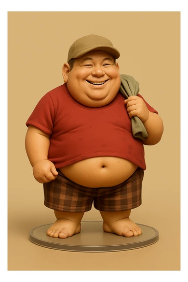 Сгенерируй в таком же стиле, на такой же подставке, толстяка в красной футболке немного грязной, кепке, клетчатых шортах. Из под футболки виднеется пузо sticker