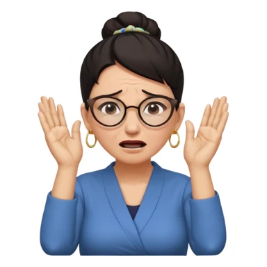  middle aged woman with dark hair pulled up in a high bun, wearing round ring earrings and glasses, expression extreme pain on her face, covering her ears with her hands very painful expression on her face, eyes squeezed shut, wincing in pain covering her ears with her hands sticker