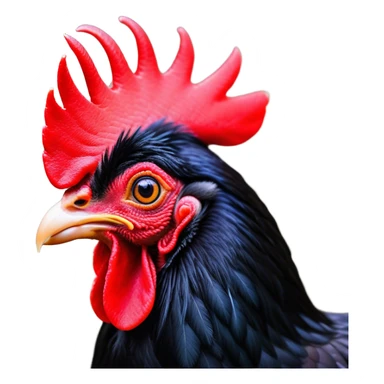 Cinematic Comical Black Rooster Portrait Emoji, Head tilted dramatically with an exaggeratedly shocked or amused expression, featuring a striking pure black plumage with a bold red comb, wide, expressive eyes filled with playful disbelief, Simplified yet hilariously expressive features, highly detailed, glowing with a slightly sassy glow, high shine, dramatic yet playful, stylized with an air of cheeky mischief, bright and endearing, soft glowing outline, capturing the essence of a spirited and over-the-top rooster, so meme-worthy it feels like it could crow its way into internet fame instantly! sticker