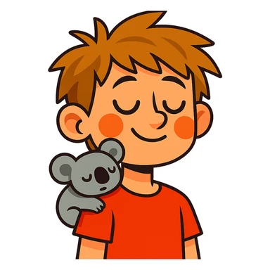 light brown messy haired boy with a very small sleepy koala on his shoulder, vibrant toon style sticker